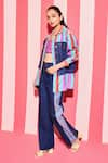 Buy_ANANYA AGRAWAL LABEL_Multi Color Pure Chanderi Silk Print Bar And Denim Panel Shacket With Trouser _Online_at_Aza_Fashions