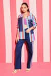 Buy_ANANYA AGRAWAL LABEL_Multi Color Pure Chanderi Silk Print Bar Striped Collar And Denim Panel Shacket _at_Aza_Fashions