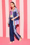 ANANYA AGRAWAL LABEL_Multi Color Pure Chanderi Silk Print Bar Striped Collar And Denim Panel Shacket _Online_at_Aza_Fashions