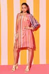 Buy_ANANYA AGRAWAL LABEL_Multi Color Pure Cupro Crepe Print Bar Striped Round Neck Midi Dress _at_Aza_Fashions