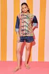 Buy_ANANYA AGRAWAL LABEL_Green Pure Chanderi Silk Print Whimsy Collar And Stripe Shirt With Denim Shorts _at_Aza_Fashions