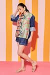 ANANYA AGRAWAL LABEL_Green Pure Chanderi Silk Print Whimsy Collar And Stripe Shirt With Denim Shorts _Online_at_Aza_Fashions