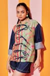 Buy_ANANYA AGRAWAL LABEL_Green Pure Chanderi Silk Print Whimsy Collar And Stripe Shirt With Denim Shorts _Online_at_Aza_Fashions