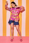 Buy_ANANYA AGRAWAL LABEL_Pink Pure Chanderi Silk Print Wonderland Waist Tie Up Shirt With Denim Skorts _at_Aza_Fashions