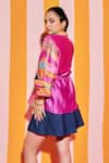 Shop_ANANYA AGRAWAL LABEL_Pink Pure Chanderi Silk Print Wonderland Waist Tie Up Shirt With Denim Skorts _at_Aza_Fashions