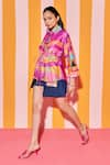 Buy_ANANYA AGRAWAL LABEL_Pink Pure Chanderi Silk Print Wonderland Waist Tie Up Shirt With Denim Skorts _Online_at_Aza_Fashions