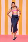 Buy_ANANYA AGRAWAL LABEL_Pink Pure Chanderi Silk Print Wonderland Square Neck Crop Top With Denim Skirt _at_Aza_Fashions