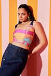 Buy_ANANYA AGRAWAL LABEL_Pink Pure Chanderi Silk Print Wonderland Square Neck Crop Top With Denim Skirt _Online_at_Aza_Fashions