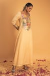 Shop_Sitaraa_Peach Chanderi Woven Floral V Neck Mahima Kurta And Pant Set _Online_at_Aza_Fashions