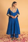 Buy_Sitaraa_Blue Chanderi Embroidery Gota Applique V Neck Tarang Yoke Kurta Set _Online_at_Aza_Fashions