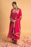 Buy_Sitaraa_Pink Chanderi Embroidery Gota Applique Notched Surmaya Gathered Kurta Pant Set _Online_at_Aza_Fashions