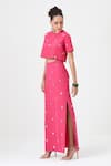 Buy_Sitaraa_Pink Natural Crepe Silk Embroidery Motif Round Neck Sakura Top With Skirt _Online_at_Aza_Fashions