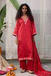 Buy_RAAS LIFE_Red Chanderi Zari V-neck Nyra Lace Embellished Kurta With Pant _at_Aza_Fashions
