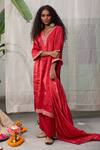 Buy_RAAS LIFE_Red Chanderi Zari V-neck Nyra Lace Embellished Kurta With Pant _Online_at_Aza_Fashions
