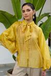 Raas Life_Yellow Handwoven Chanderi Striped Tie Up Collar Phool Glitterati Shirt _Online_at_Aza_Fashions