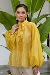 Buy_Raas Life_Yellow Handwoven Chanderi Striped Tie Up Collar Phool Glitterati Shirt _Online_at_Aza_Fashions