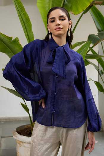 Buy_RAAS LIFE_Blue Chanderi Turtle Neck Phool Solid Tie Up Collar Shirt _at_Aza_Fashions