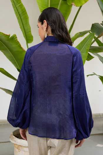Shop_RAAS LIFE_Blue Chanderi Turtle Neck Phool Solid Tie Up Collar Shirt _at_Aza_Fashions