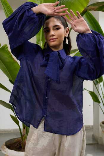 Buy_RAAS LIFE_Blue Chanderi Turtle Neck Phool Solid Tie Up Collar Shirt _Online_at_Aza_Fashions