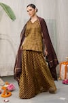 Buy_RAAS LIFE_Brown Handwoven Chanderi Striped V Neck Amala Short Kurti _at_Aza_Fashions