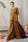 Shop_RAAS LIFE_Brown Handwoven Chanderi Striped V Neck Amala Short Kurti _Online_at_Aza_Fashions