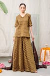 Buy_RAAS LIFE_Brown Handwoven Chanderi Striped Amala Bar Flared Pant _at_Aza_Fashions