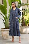 Buy_RAAS LIFE_Blue Hand Woven Chanderi Stripe Dress V Neck Koki With Jacket _at_Aza_Fashions