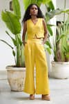 Buy_Raas Life_Yellow Hand Woven Chanderi Stripe V Neck Sabya Waist Coat With Pant _at_Aza_Fashions