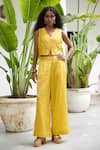 Raas Life_Yellow Hand Woven Chanderi Stripe V Neck Sabya Waist Coat With Pant _Online_at_Aza_Fashions