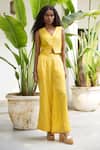 Buy_Raas Life_Yellow Hand Woven Chanderi Stripe V Neck Sabya Waist Coat With Pant _Online_at_Aza_Fashions
