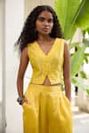 Shop_Raas Life_Yellow Hand Woven Chanderi Stripe V Neck Sabya Waist Coat With Pant _Online_at_Aza_Fashions
