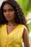Raas Life_Yellow Hand Woven Chanderi Stripe V Neck Sabya Waist Coat With Pant _at_Aza_Fashions