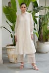 Shop_RAAS LIFE_White Hand Woven Chanderi Stripe Kurta V Neck Noor Set With Jacket _Online_at_Aza_Fashions