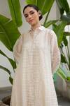 Buy_RAAS LIFE_White Hand Woven Chanderi Stripe Kurta V Neck And Jacket Set _Online_at_Aza_Fashions