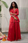 Buy_RAAS LIFE_Red Hand Woven Chanderi Dhara Laced Placket Tunic With Wide Legged Pant _at_Aza_Fashions