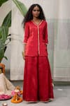 RAAS LIFE_Red Hand Woven Chanderi Dhara Laced Placket Tunic With Wide Legged Pant _Online_at_Aza_Fashions