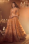 Buy_Azeera_Orange Embroidered Floral Plunged Leaf Neck Zardozi Bridal Lehenga Set _at_Aza_Fashions