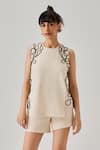 neetiandmudita_Ivory Italian Crepe Embellished Cord Round Neck Wave Detail Top _Online_at_Aza_Fashions