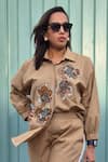 Buy_neetiandmudita_Brown Cotton Embroidery Patch Collar Neck Levi Flora Shirt _at_Aza_Fashions