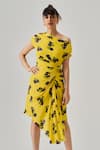 neetiandmudita_Multi Color Crepe Print Abstract Motif Asymmetric Neck Zenith Draped Dress _Online_at_Aza_Fashions