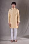 Aryavir Malhotra_Gold Silk Blend Woven Panel Short Kurta _Online_at_Aza_Fashions