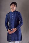 Shop_Aryavir Malhotra_Blue Silk Blend Embroidered Sequin Panelled Kurta _Online_at_Aza_Fashions