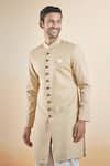 Aryavir Malhotra_Gold Terry Rayon Solid Sherwani With Peshawari Pant _Online_at_Aza_Fashions