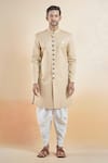 Shop_Aryavir Malhotra_Gold Terry Rayon Solid Sherwani With Peshawari Pant _Online_at_Aza_Fashions