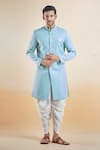 Buy_Aryavir Malhotra_Blue Terry Rayon Solid Plain Band Collar Sherwani With Peshawari Pant _at_Aza_Fashions