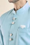 Aryavir Malhotra_Blue Terry Rayon Solid Plain Band Collar Sherwani With Peshawari Pant _Online_at_Aza_Fashions