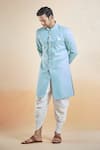 Shop_Aryavir Malhotra_Blue Terry Rayon Solid Plain Band Collar Sherwani With Peshawari Pant _Online_at_Aza_Fashions