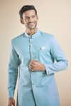 Aryavir Malhotra_Blue Terry Rayon Solid Plain Band Collar Sherwani With Peshawari Pant _at_Aza_Fashions