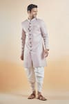 Buy_Aryavir Malhotra_Pink Terry Rayon Solid Band Collar Sherwani With Peshawari Pant 