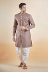 Buy_Aryavir Malhotra_Brown Terry Rayon Solid Stand Collar Sherwani With Peshawari Pant _at_Aza_Fashions